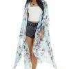 Lovely J Mint Floral Print Short Sleeve Kimono With Side Slits
