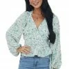 Entro Tops Mint Floral Print Surplice Peplum Blouse