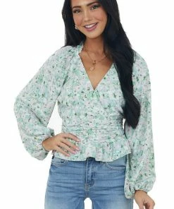 Entro Tops Mint Floral Print Surplice Peplum Blouse