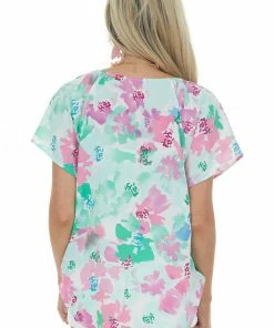 Staccato Mint Floral Short Sleeve Surplice Blouse