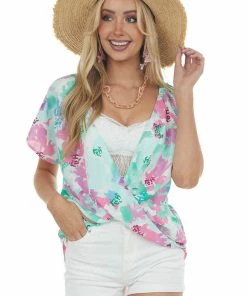 Staccato Mint Floral Short Sleeve Surplice Blouse