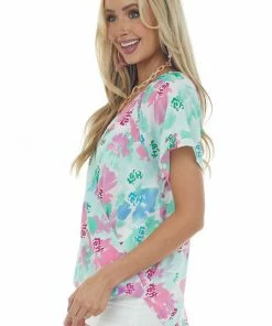 Staccato Mint Floral Short Sleeve Surplice Blouse