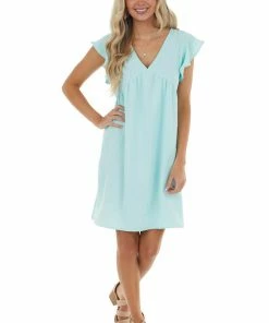 143 Story Mint Flutter Sleeve Babydoll Short Dress