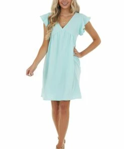 143 Story Mint Flutter Sleeve Babydoll Short Dress