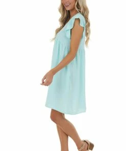 143 Story Mint Flutter Sleeve Babydoll Short Dress