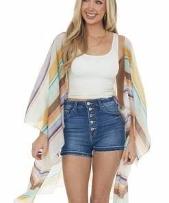 Umgee Mint Multicolor Striped Open Front Kimono