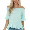 Ces Femme Mint Off The Shoulder Woven Top With Ruffle Details