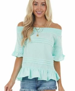 Ces Femme Mint Off The Shoulder Woven Top With Ruffle Details