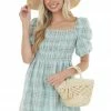 Umgee Dresses Mint Plaid Smocked 3-4 Puff Sleeve Mini Dress