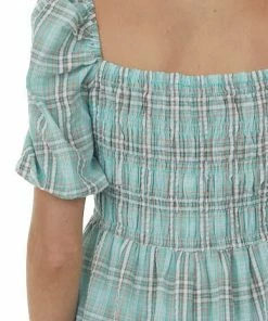 Umgee Dresses Mint Plaid Smocked 3-4 Puff Sleeve Mini Dress