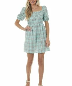 Umgee Dresses Mint Plaid Smocked 3-4 Puff Sleeve Mini Dress