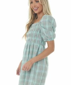 Umgee Dresses Mint Plaid Smocked 3-4 Puff Sleeve Mini Dress