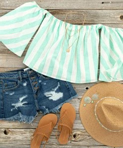 Blue Buttercup Mint Striped Off The Shoulder Flared Sleeve Blouse