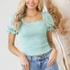 American Fit Tops Mint Textured Smocked Short Sleeve Top With Tie Detail 2 American Fit Tops Mint Textured Smocked Short Sleeve Top With Tie Detail