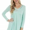 Ces Femme Mint Waffle Knit Babydoll Long Sleeve Tunic Top With Buttons Tops