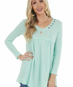 Ces Femme Mint Waffle Knit Babydoll Long Sleeve Tunic Top With Buttons Tops