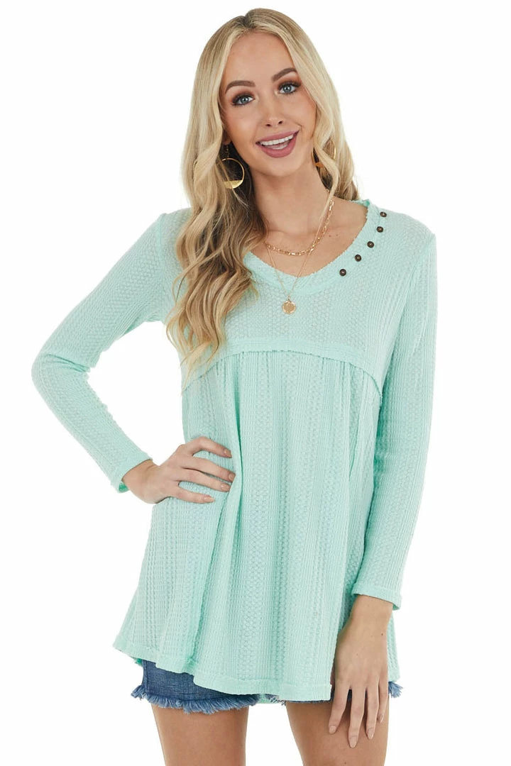 Ces Femme Mint Waffle Knit Babydoll Long Sleeve Tunic Top With Buttons Tops 3 Ces Femme Mint Waffle Knit Babydoll Long Sleeve Tunic Top With Buttons Tops