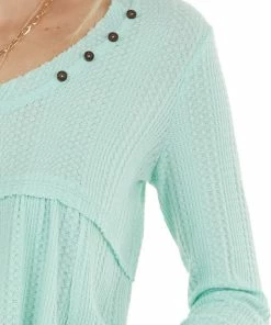 Ces Femme Mint Waffle Knit Babydoll Long Sleeve Tunic Top With Buttons Tops 24 Ces Femme Mint Waffle Knit Babydoll Long Sleeve Tunic Top With Buttons Tops