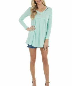 Ces Femme Mint Waffle Knit Babydoll Long Sleeve Tunic Top With Buttons Tops 19 Ces Femme Mint Waffle Knit Babydoll Long Sleeve Tunic Top With Buttons Tops
