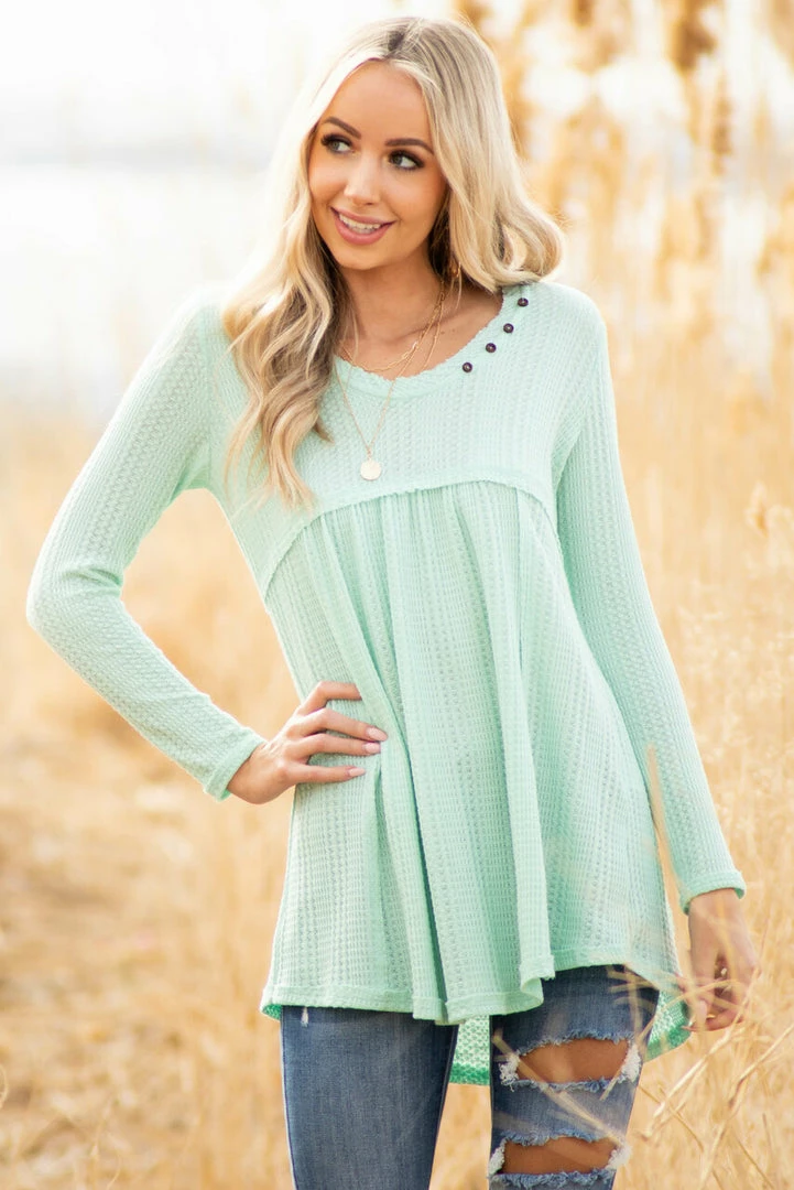 Ces Femme Mint Waffle Knit Babydoll Long Sleeve Tunic Top With Buttons Tops 10 Ces Femme Mint Waffle Knit Babydoll Long Sleeve Tunic Top With Buttons Tops