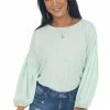 Easel Tops Mint Wide Fit Puff Sleeve Stitch Detail Top