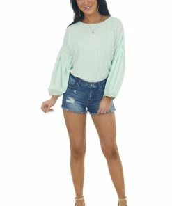 Easel Tops Mint Wide Fit Puff Sleeve Stitch Detail Top