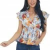 Entro Misty Blue Floral Peplum V Neck Blouse