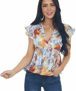 Entro Misty Blue Floral Peplum V Neck Blouse
