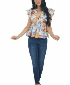 Entro Misty Blue Floral Peplum V Neck Blouse