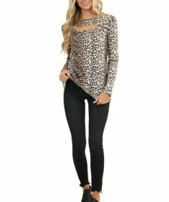 BiBi Mocha And Cream Leopard Print Long Sleeve Top With Cutout
