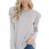 Doe & Rae Mocha And Ivory Striped Long Sleeve Top With Ruffle Detail