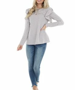 Doe & Rae Mocha And Ivory Striped Long Sleeve Top With Ruffle Detail