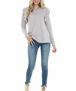 Doe & Rae Mocha And Ivory Striped Long Sleeve Top With Ruffle Detail