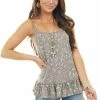 Ces Femme Mocha Leopard Print Knit Tank Top With Ruffle Hemline Tops
