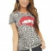 Vanilla Bay Mocha Leopard Print Top With Sequin Lip Graphic Tops
