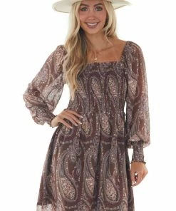 143 Story Mocha Paisley Print Smocked Woven Short Dress Dresses