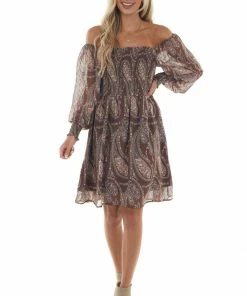 143 Story Mocha Paisley Print Smocked Woven Short Dress Dresses