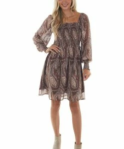 143 Story Mocha Paisley Print Smocked Woven Short Dress Dresses