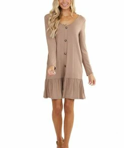 FSL APPAREL Mocha Ruffle Hem Dress With Buttons And Pockets Dresses 21 FSL APPAREL Mocha Ruffle Hem Dress With Buttons And Pockets Dresses