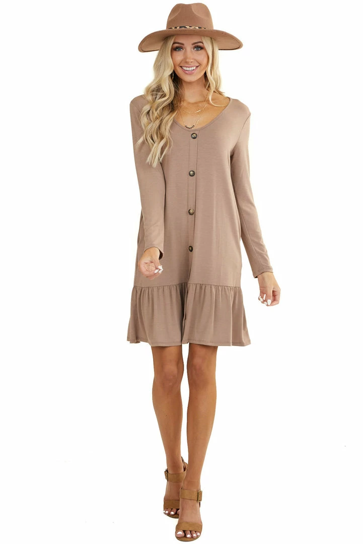 FSL APPAREL Mocha Ruffle Hem Dress With Buttons And Pockets Dresses 6 FSL APPAREL Mocha Ruffle Hem Dress With Buttons And Pockets Dresses