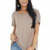 CY Fashion Mocha Short Sleeve Knit Top With Back Draped Twist Detail Tops