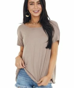 CY Fashion Mocha Short Sleeve Knit Top With Back Draped Twist Detail Tops