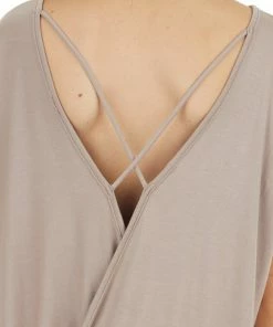 CY Fashion Mocha Short Sleeve Knit Top With Back Draped Twist Detail Tops