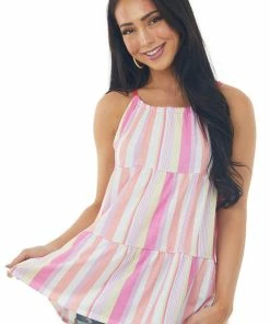 BiBi Mulberry And Coral Striped Tiered Halter Top Tops