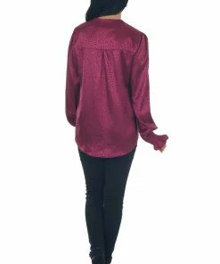 Vine & Love Burgundy Animal Print Notch Neck Satin Blouse Tops