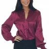 Vine & Love Burgundy Animal Print Notch Neck Satin Blouse Tops