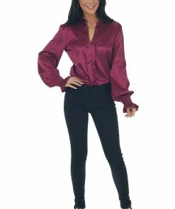 Vine & Love Burgundy Animal Print Notch Neck Satin Blouse Tops
