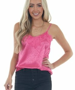 Vine & Love Tops Mulberry Leopard Print Frayed Lace Neckline Camisole Blouse