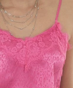 Vine & Love Tops Mulberry Leopard Print Frayed Lace Neckline Camisole Blouse