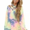 BiBi Multi Color Tie Dye Long Sleeve With Criss Cross Neck Detail Tops